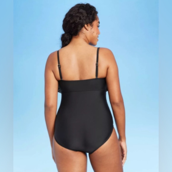 Kona Sol Womens Crochet Ruffle Bandeau One Piece Strapless Black Swimsuit - Picture 4 of 5